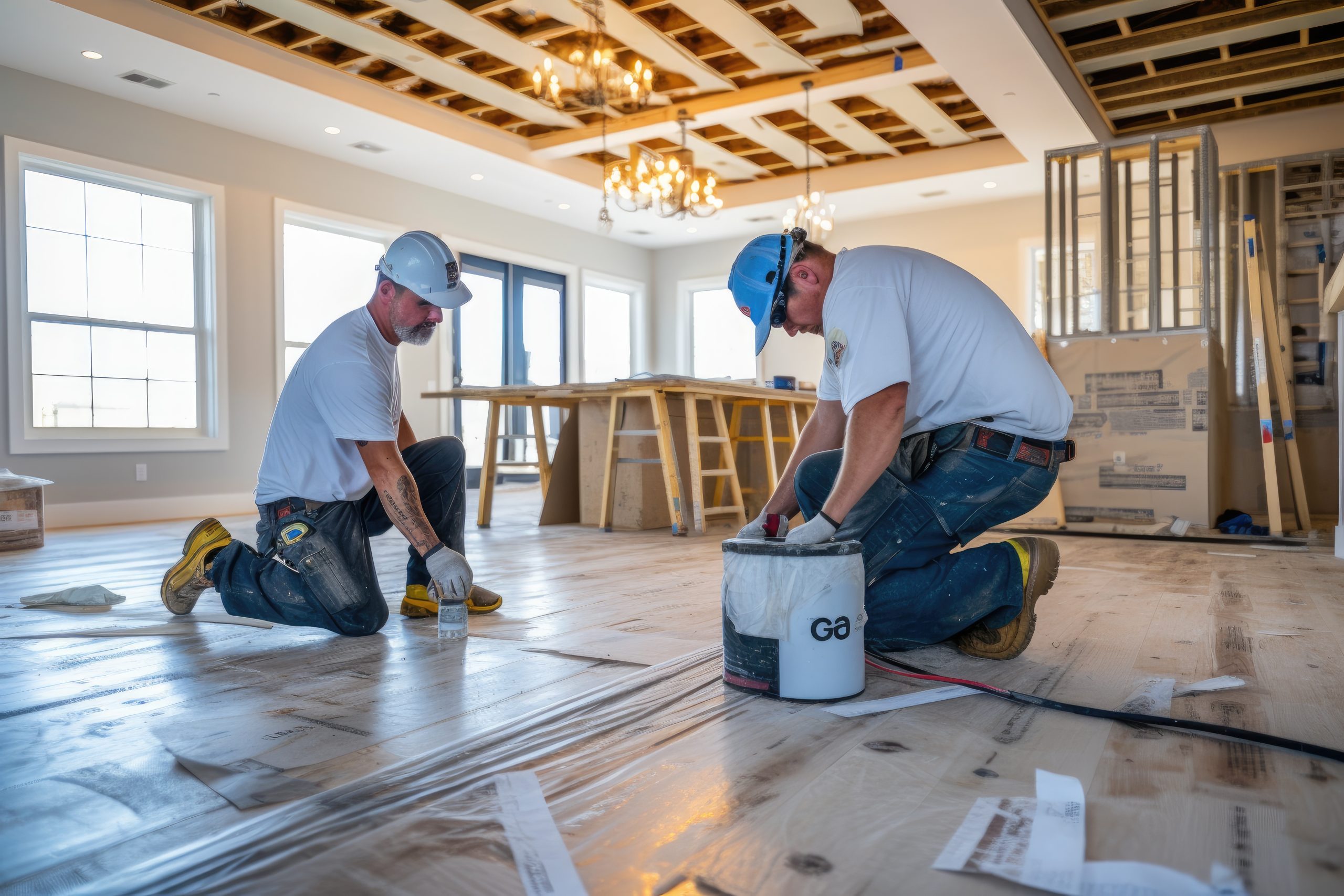 Two men are hard at work installing a new floor in a house, Hous